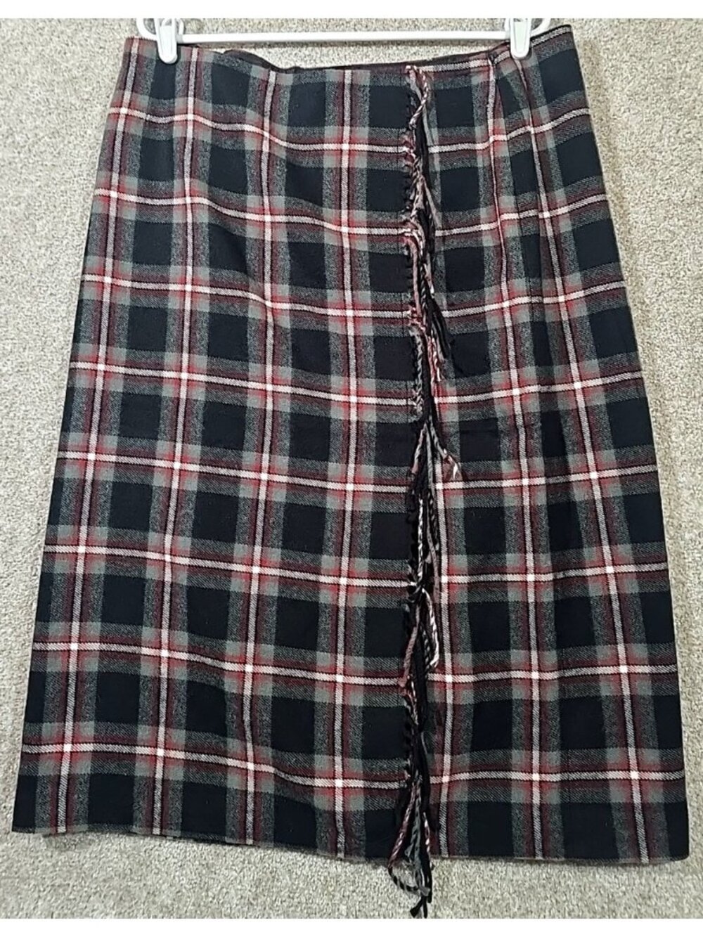 Villager Liz Claiborne Wool Blend Pencil Skirt Lined Plaid Fringe Long Women 16 - Picture 1 of 9